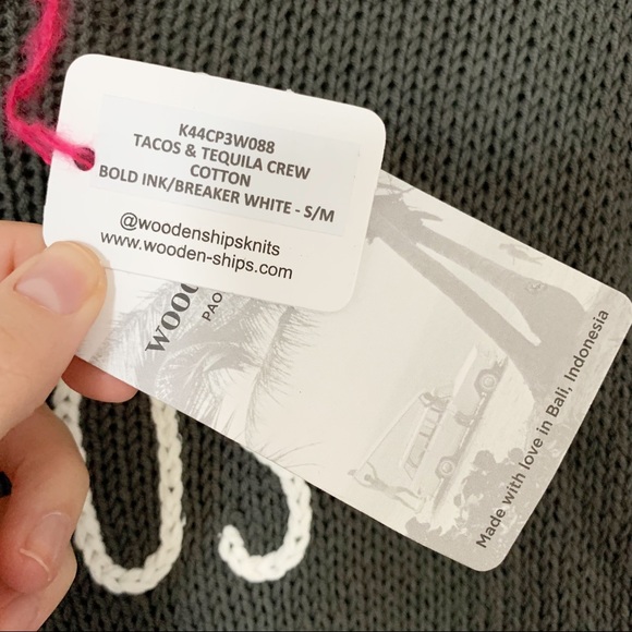 NWT Wooden Ships Tacos and Tequila Sweater Knit Top Crew Grey Bold Ink Sz S/M - Picture 5 of 6